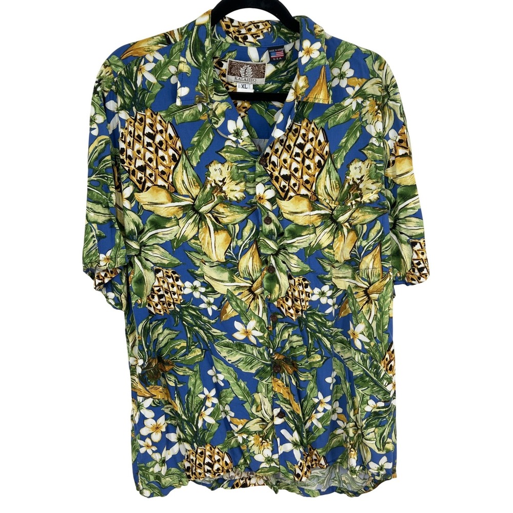 Kalaheo Mens Hawaiian Shirt XL Pineapple Floral Tropical Button Up Blue Rayon